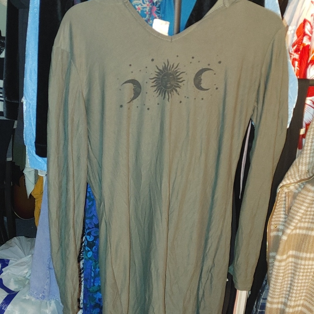 No Boundaries Olive Green Hooded Long Sleeve Dress with Celestial Print